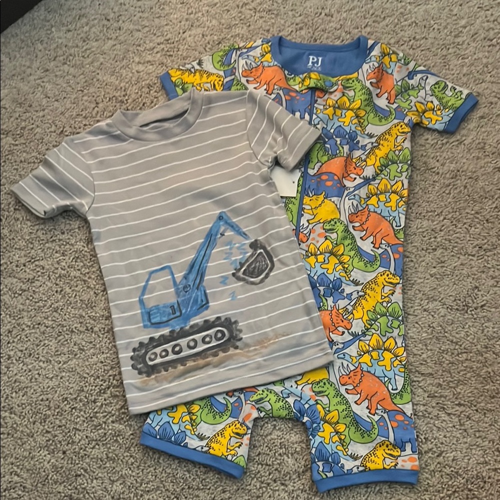 Carter's Blue and Gray Pajama Sets with Dinosaur and Excavator Designs